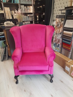 pink velvet chair reupholstered