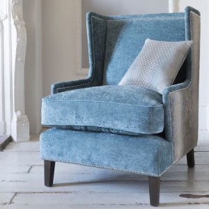 Queen Ann chair upholstered in blue draylon fabric